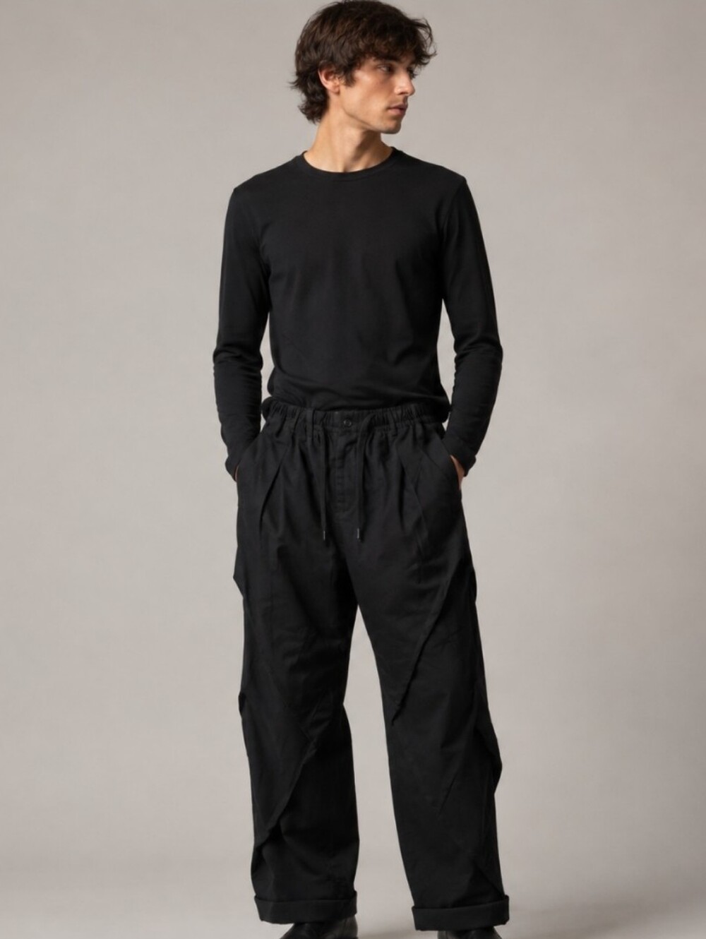 YOHJI YAMAMOTO POUR HOMME BLACK DRAPED LAYERED WIDE LEG PANTS MADE IN JAPAN